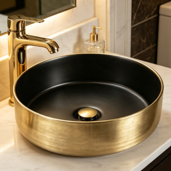 Saniware WB-2017-G 360mm Gold Rim with Matt Black Inner Round Above Counter Art Basin Sinki Tandas Bilik Mandi For Modern Luxury Vanity & Renovation Projects