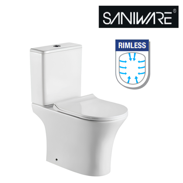 Saniware WC-2123A 650mm Rimless Ceramic Two-Piece Washdown Toilet Bowl Sinki Tandas Bilik Mandi S-Trap 250mm / P-Trap 180mm Roughing-In