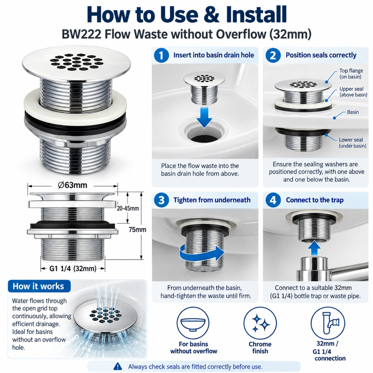 Onimi BW222 32mm Flow Waste without Overflow Chrome Basin Drain Waste with G1 1/4 Connection