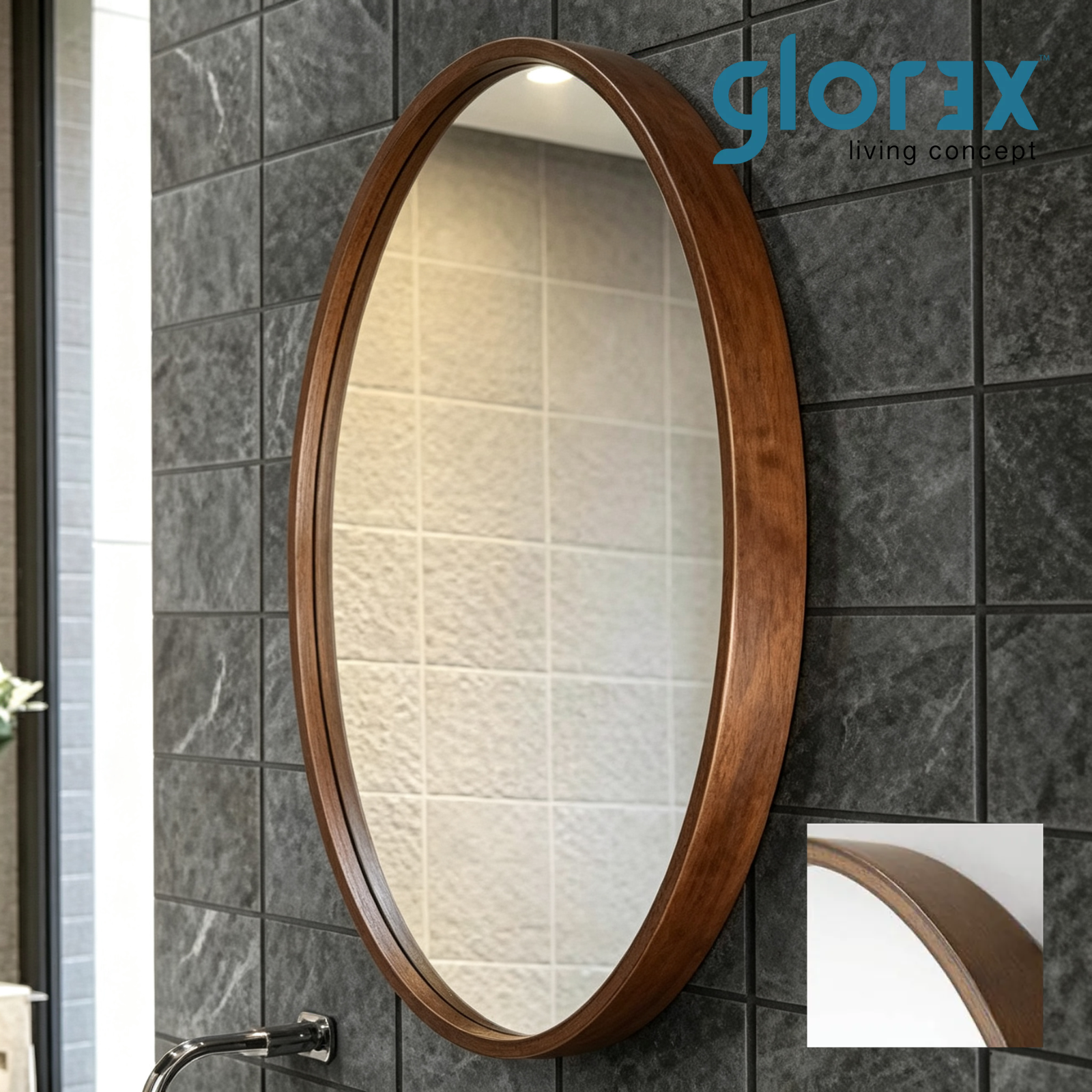 Glorex GLC 4002W/W Round Bathroom Mirror 470mm Diameter Walnut Rubber Wood Frame