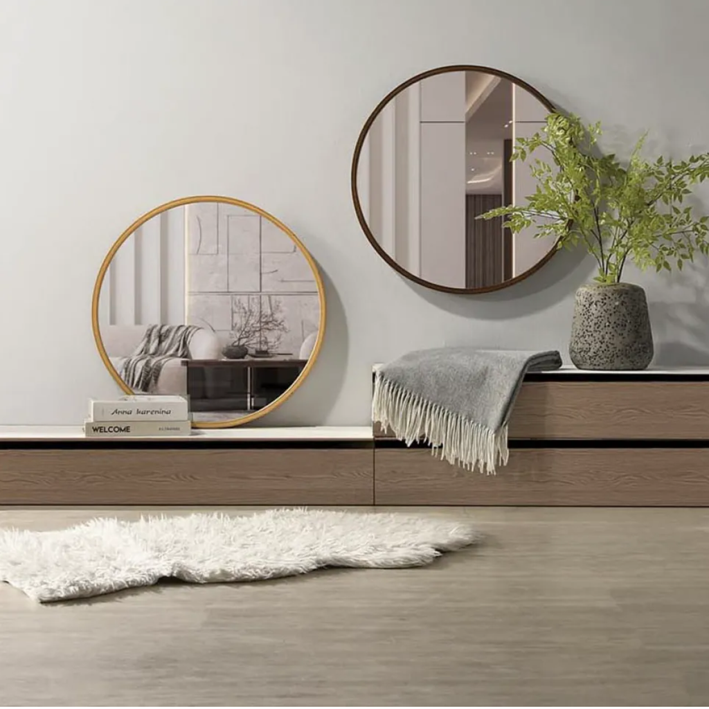 Glorex GLC 4001W/W Wall Mounted Round Bathroom Mirror 560mm Diameter Walnut Rubber Wood Frame