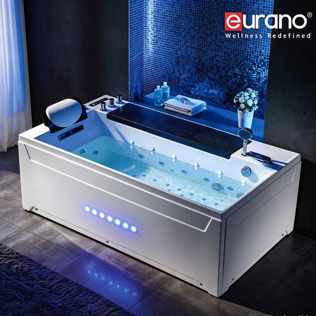 Eurano ERN 11001 Premium Whirlpool Bathtub 1-4 Person Spa Tub with Multi-Color LED Lights, Air & Water Massage, Hand Shower & Waterfall