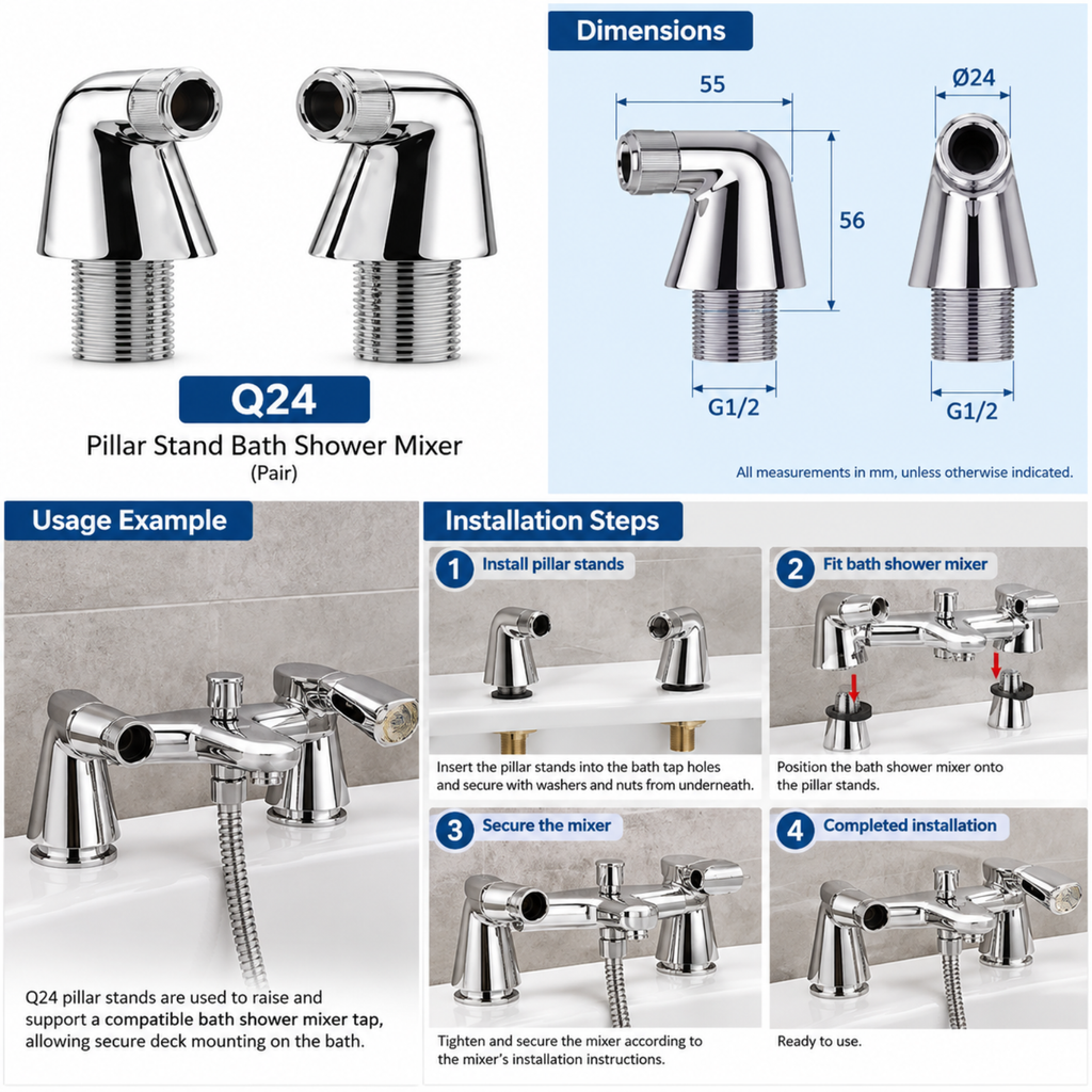 Onimi Q24 Pillar Stand Bath Shower Mixer – Chrome Deck Mounted Bath Mixer Pillar Legs