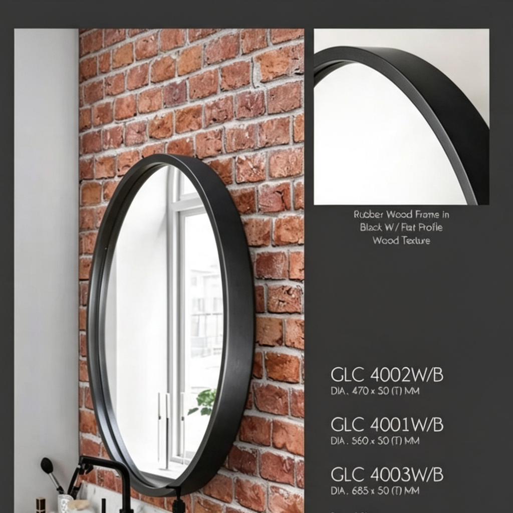 Glorex GLC 4002W/B Wall Mounted Round Wall Mirror 470mm Diameter Black Rubber Wood Frame