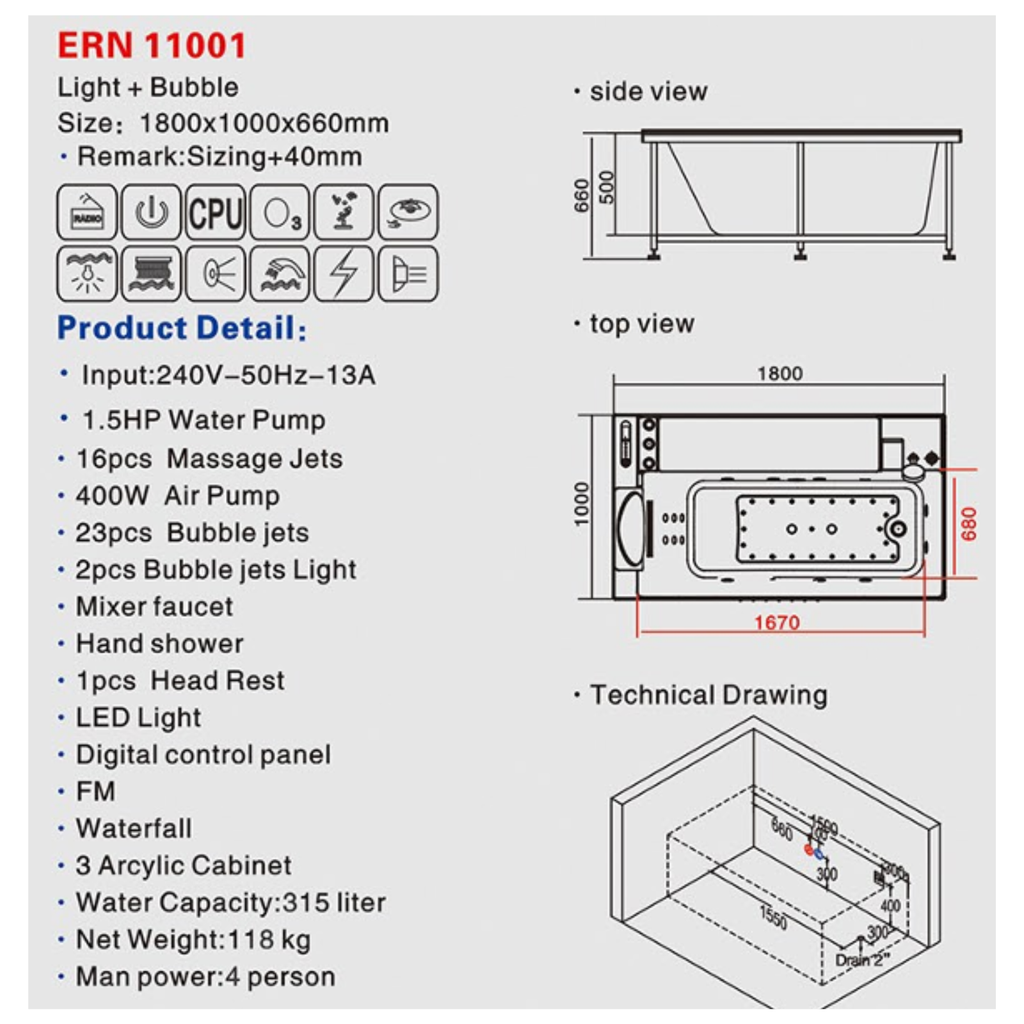 Eurano ERN 11001 Premium Whirlpool Bathtub 1-4 Person Spa Tub with Multi-Color LED Lights, Air & Water Massage, Hand Shower & Waterfall