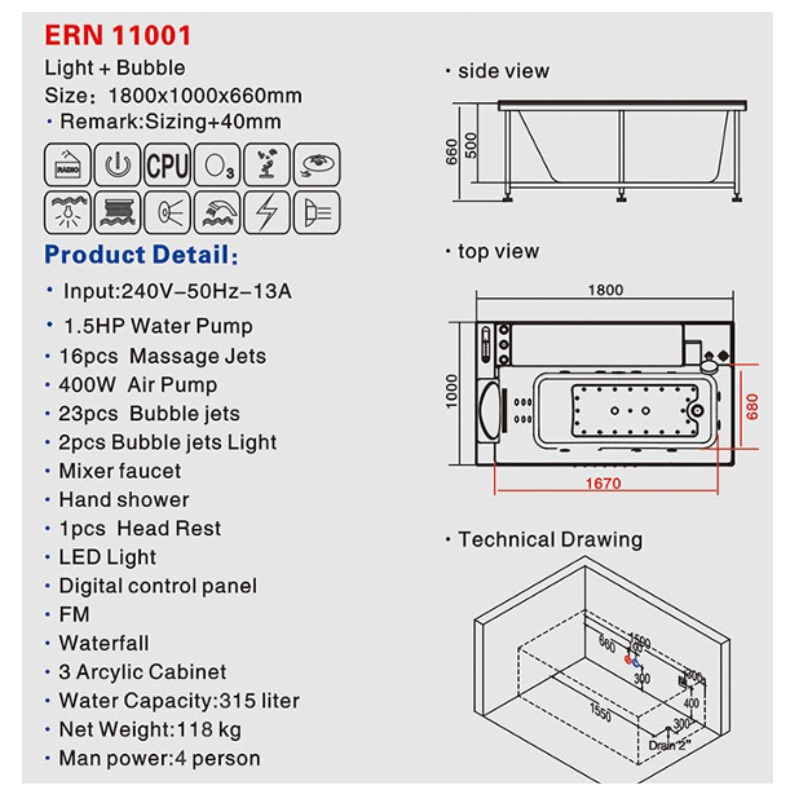 Eurano ERN 11001 Premium Whirlpool Bathtub 1-4 Person Spa Tub with Multi-Color LED Lights, Air & Water Massage, Hand Shower & Waterfall