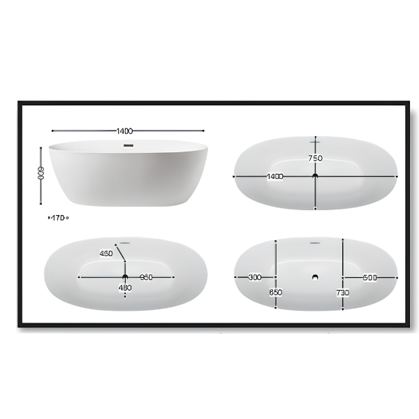 Arris Infinity ars - M1610 Zona Villa 1400mm / 1500mm / 1600mm / 1700mm White One-Piece Freestanding Oval Soaking Bathtub