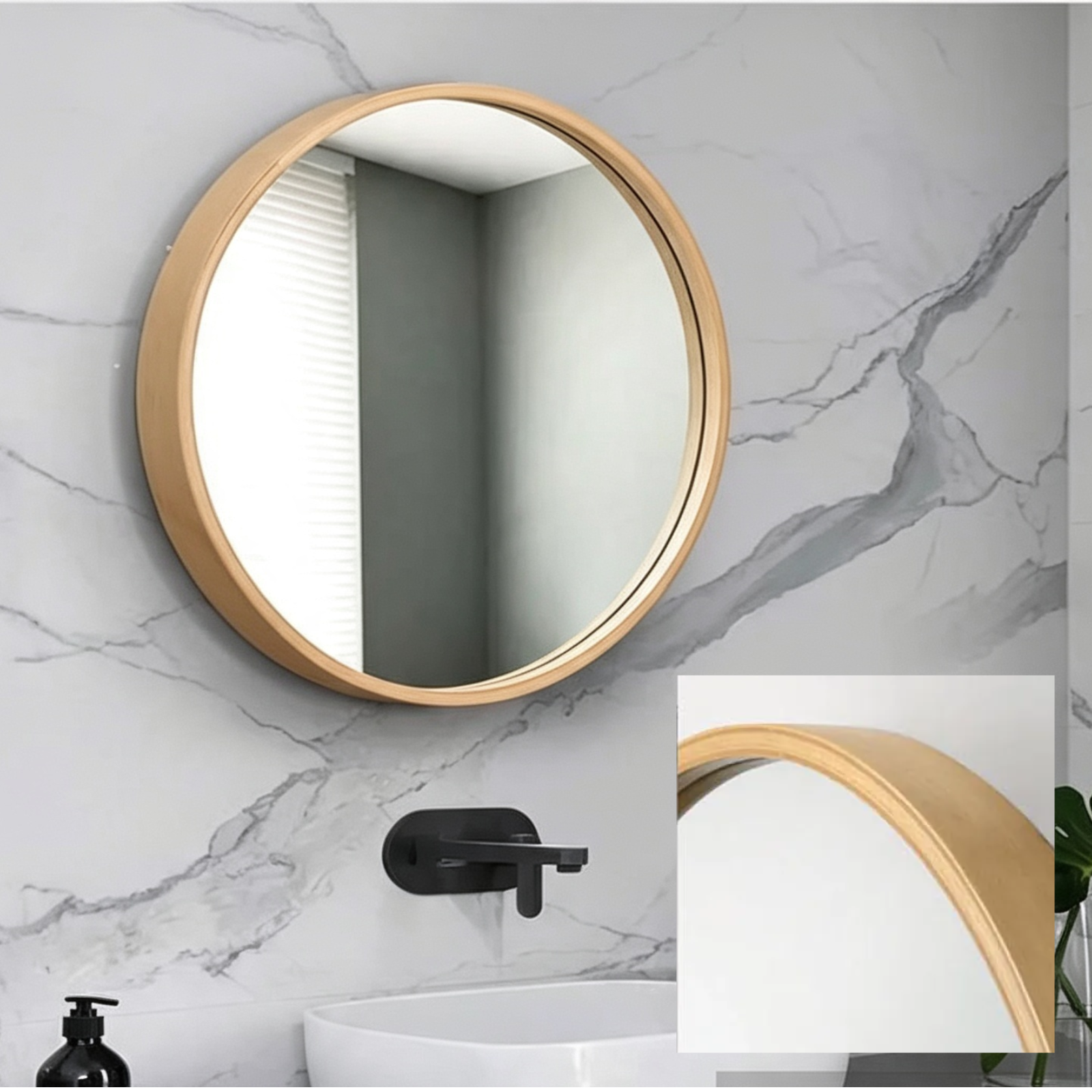 Glorex GLC 4001W/N Wall Mounted Round Wall Mirror 560mm Diameter Natural Rubber Wood Frame