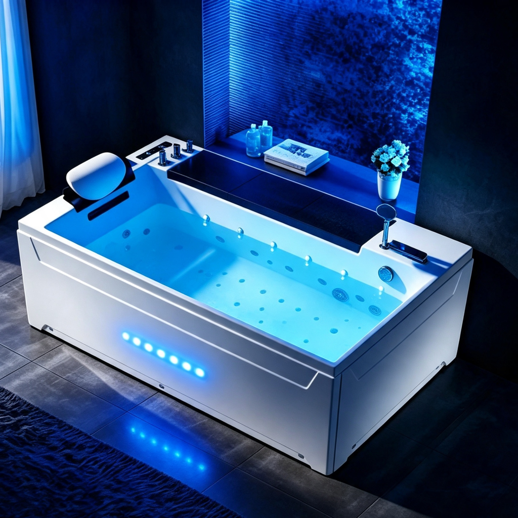 Eurano ERN 11001 Premium Whirlpool Bathtub 1-4 Person Spa Tub with Multi-Color LED Lights, Air & Water Massage, Hand Shower & Waterfall