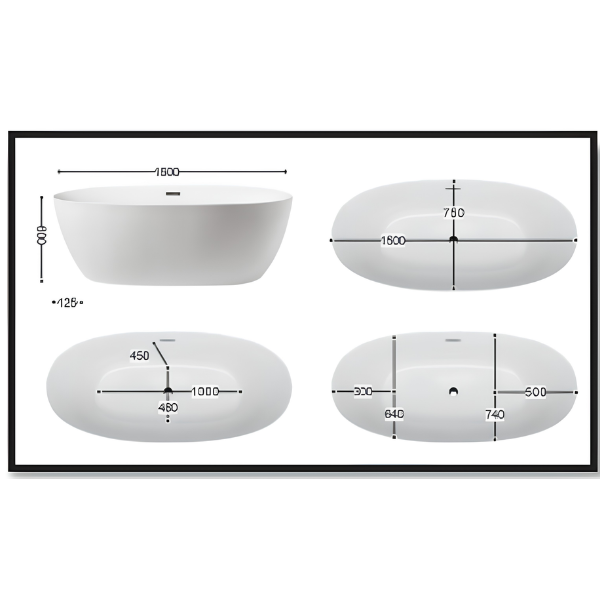 Arris Infinity ars - M1610 Zona Villa 1400mm / 1500mm / 1600mm / 1700mm White One-Piece Freestanding Oval Soaking Bathtub