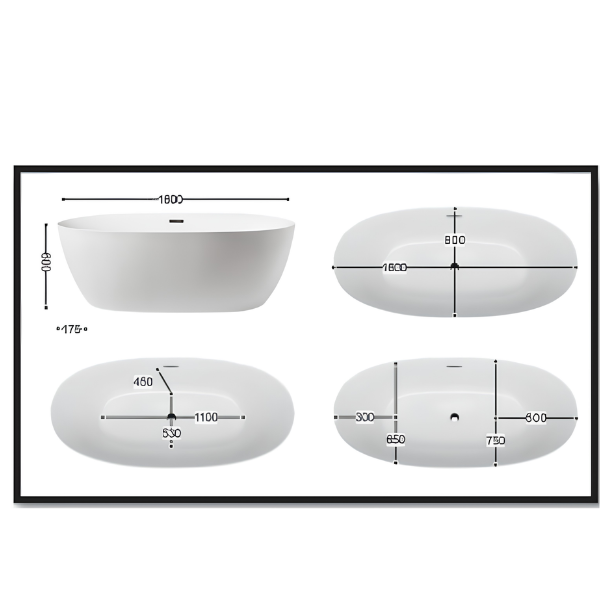 Arris Infinity ars - M1610 Zona Villa 1400mm / 1500mm / 1600mm / 1700mm White One-Piece Freestanding Oval Soaking Bathtub