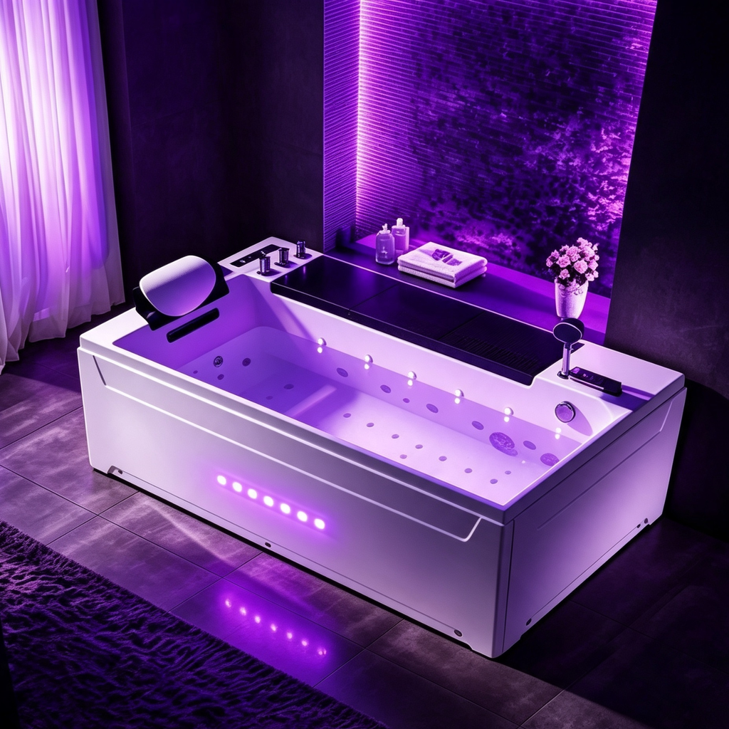 Eurano ERN 11001 Premium Whirlpool Bathtub 1-4 Person Spa Tub with Multi-Color LED Lights, Air & Water Massage, Hand Shower & Waterfall