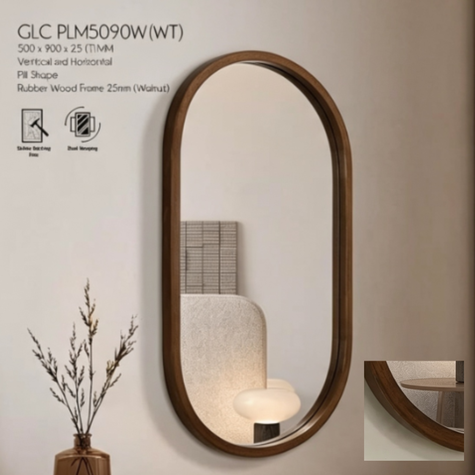 Glorex GLC PLM5090W(WT) Wall Mounted Pill Shape Wall Mirror 500×900mm Walnut Rubber Wood Frame