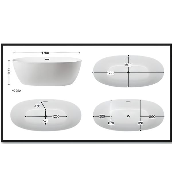 Arris Infinity ars - M1610 Zona Villa 1400mm / 1500mm / 1600mm / 1700mm White One-Piece Freestanding Oval Soaking Bathtub