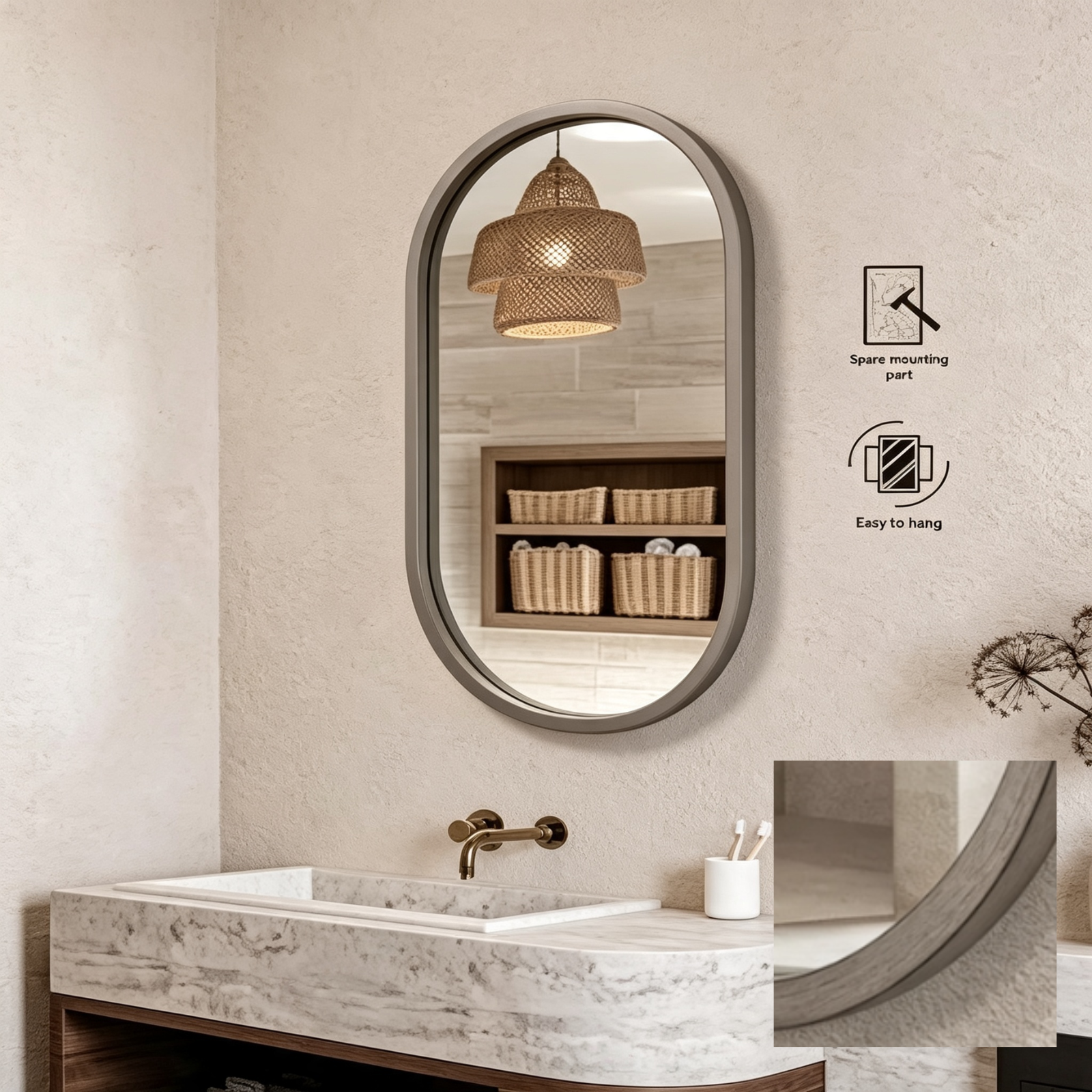 Glorex GLC PLM5090W(LG) Wall Mounted Pill Shape Wall Mirror 500×900mm Light Grey Rubber Wood Frame