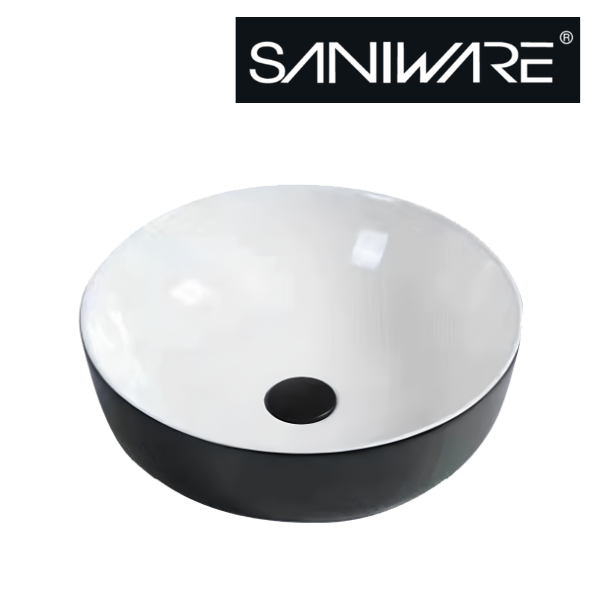 Saniware WB-3101 415mm Glossy White & Black Round Above Counter Basin Sinki Tandas Bilik Mandi For Modern Luxury Vanity & Renovation Projects