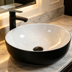 Saniware WB-3101 415mm Glossy White & Black Round Above Counter Basin Sinki Tandas Bilik Mandi For Modern Luxury Vanity & Renovation Projects