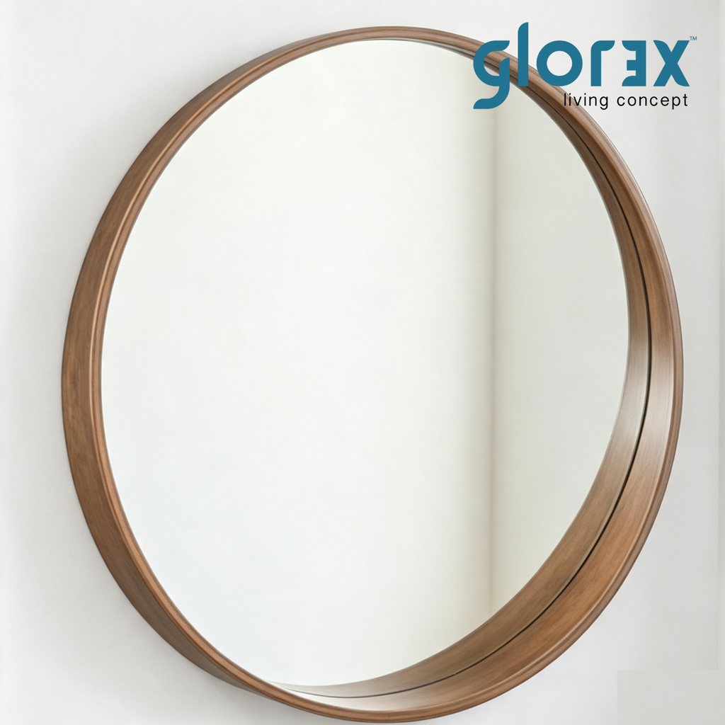 Glorex GLC 4001WS/W Wall Mounted Round Wall Mirror 600mm Diameter Walnut Rubber Wood Frame