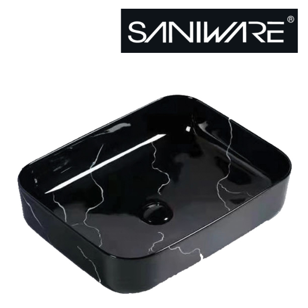 Saniware WB-3103 500mm Glossy Black Rectangular Above Counter Basin Sinki Tandas Bilik Mandi For Modern Luxury Vanity & Renovation Projects
