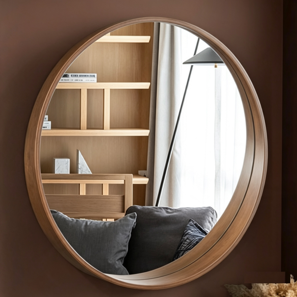 Glorex GLC 4001WS/W Wall Mounted Round Wall Mirror 600mm Diameter Walnut Rubber Wood Frame