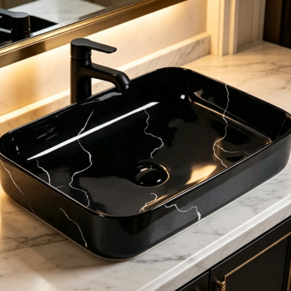 Saniware WB-3103 500mm Glossy Black Rectangular Above Counter Basin Sinki Tandas Bilik Mandi For Modern Luxury Vanity & Renovation Projects