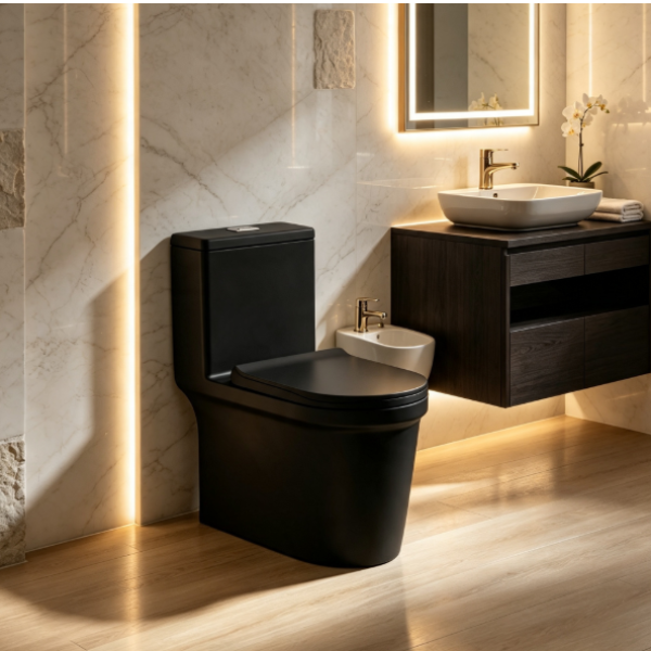 Saniware WC-2090-Black 710mm Ceramic Matte Black One-Piece Washdown Toilet Sinki Tandas Bilik Mandi S-Trap 200mm 250mm Roughing-In For Bathroom Renovation & Modern Homes