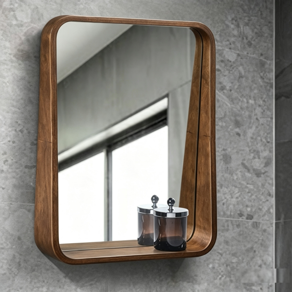 Glorex GLC 1001WS/W Wall Mounted Rounded Rectangular Wall Mirror 500×700mm Walnut Rubber Wood Frame