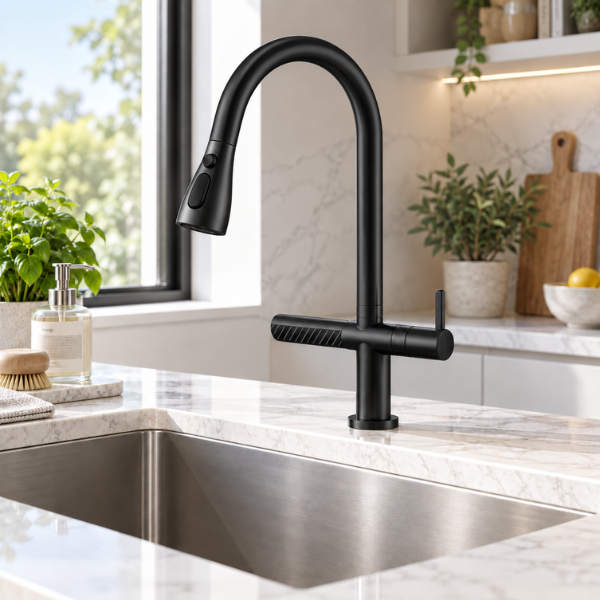 Saniware SWP‑SS‑304‑3970 Stainless Steel Flexible Hose Kitchen Pillar Sink Tap with Waterfall Spout