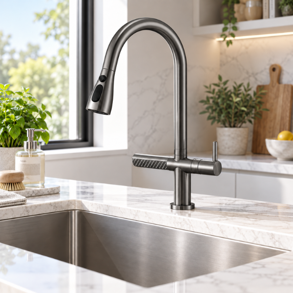 Saniware SWP‑SS‑304‑3970 Stainless Steel Flexible Hose Kitchen Pillar Sink Tap with Waterfall Spout