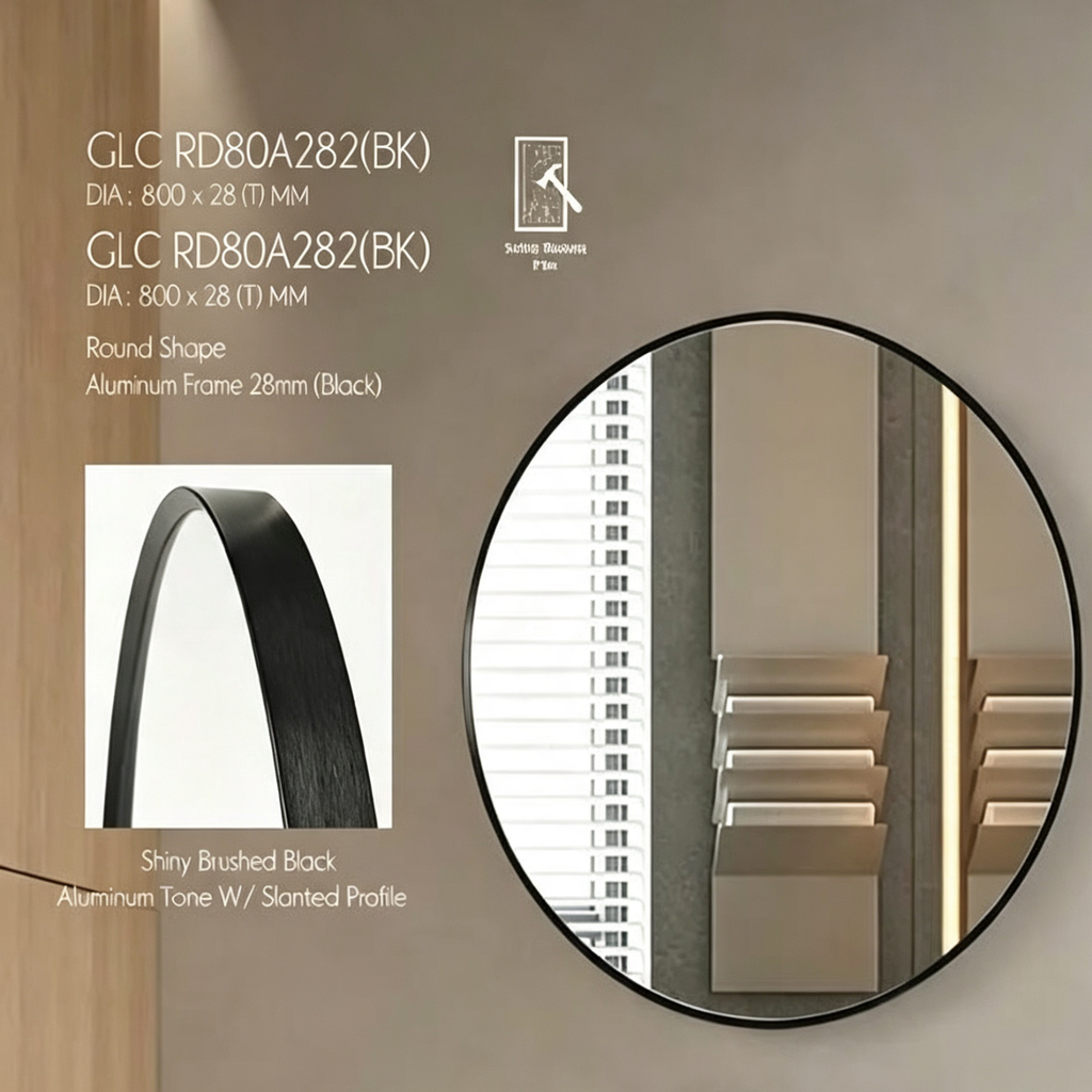 Glorex GLC RD60A282(BK) Wall Mounted Black Round Wall Mirror 600mm Diameter Slim 28mm Aluminium Frame