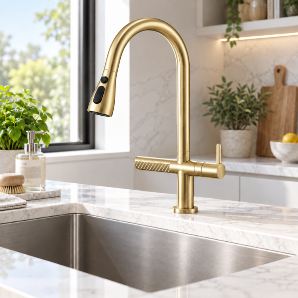 Saniware SWP‑SS‑304‑3970 Stainless Steel Flexible Hose Kitchen Pillar Sink Tap with Waterfall Spout