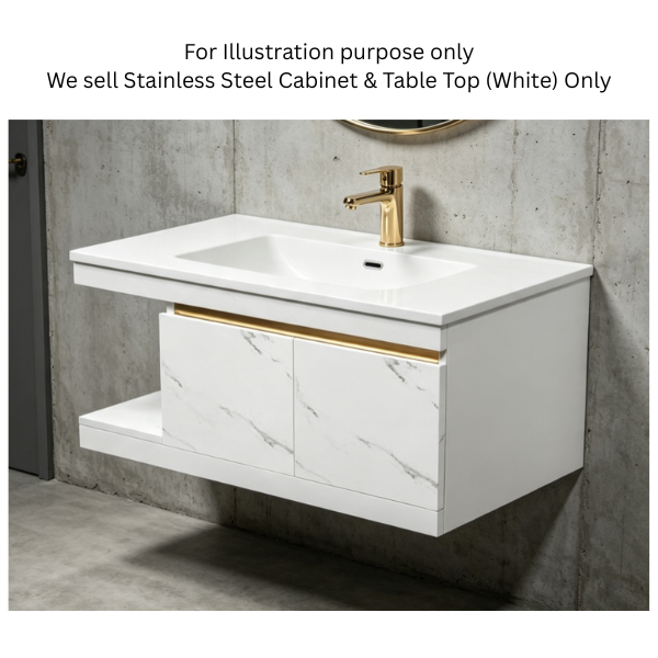 Saniware SWBC‑C5801‑WH 1000mm White Wall‑Mounted Stainless Steel Vanity Cabinet with Countertop – Premium Bathroom Storage & Renovation Unit