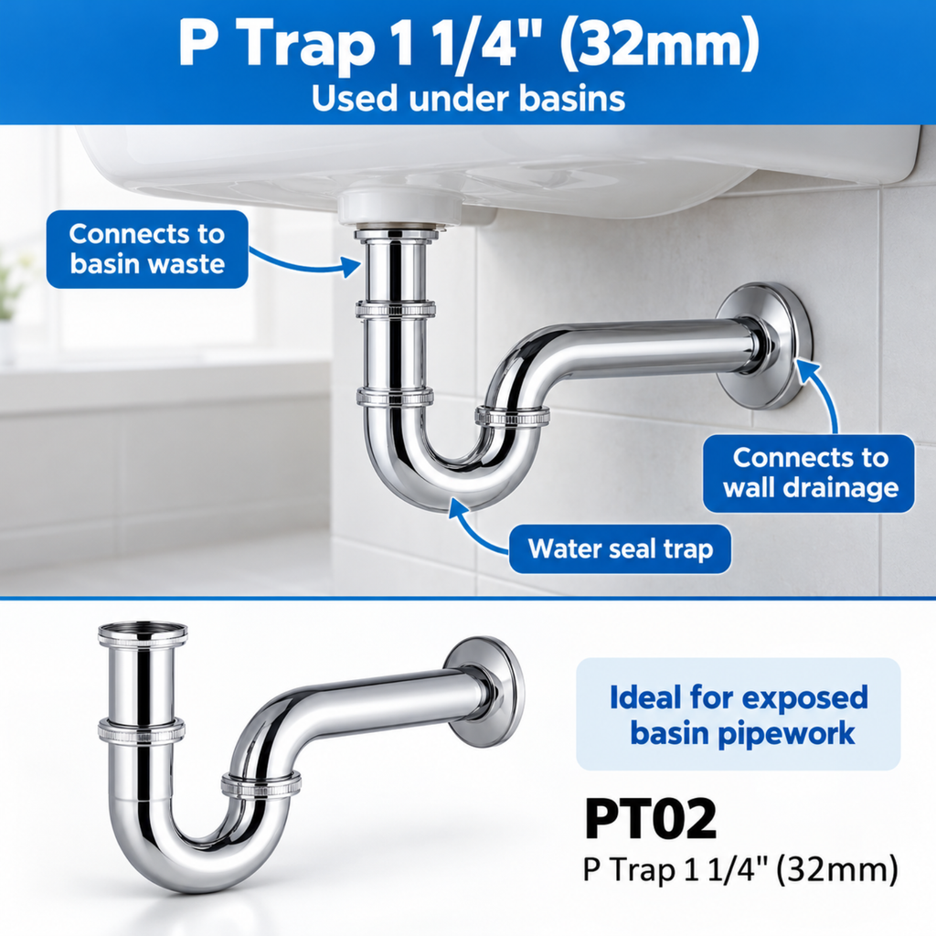 Onimi PT02 Chrome P Trap 1 1/4" (32mm) Suitable For Basin Waste Trap