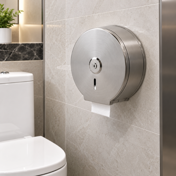 Saniware SWP-BF-1100 SUS304 Stainless Steel Round Tissue Dispenser Hairline Finish Wall Mounted Toilet Paper Holder 255 x 264 x 138mm