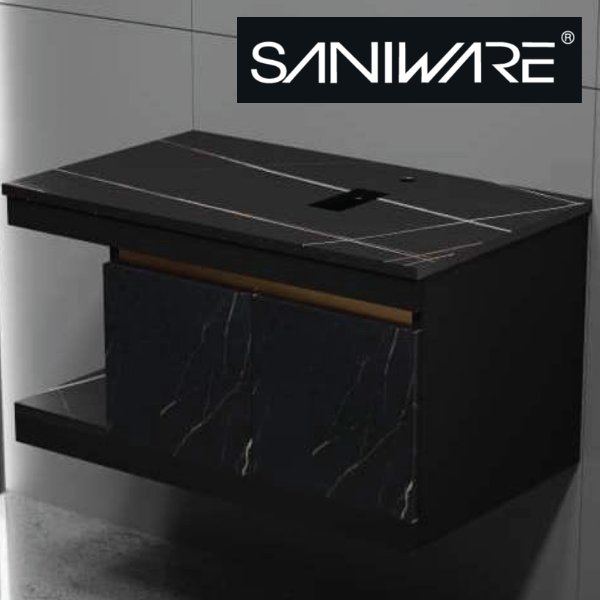 Saniware SWBC‑C5702‑BLK 900mm Black Wall‑Mounted Stainless Steel Vanity Cabinet with Countertop – Premium Bathroom Storage & Renovation Unit