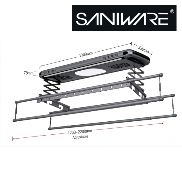 Saniware SW‑9016A Aluminium Electric Clothes Hanger 1300 ( L ) x 350 ( W ) x 78mm Premium Retractable Drying Rack for Home & Renovation Projects