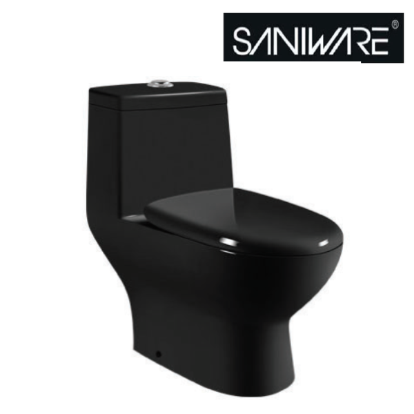 Saniware WC-2076-Black 680mm Ceramic Matte Black One-Piece Washdown Toilet Sinki Tandas Bilik Mandi S-Trap 250mm & P-Trap 180mm Roughing-In For Bathroom Renovation & Modern Homes