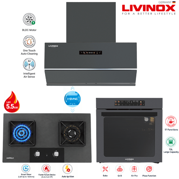 Livinox LCH-1016-90GM Hood + LGH-2016 2B-GM Hob + LBO-3016A-75GM Built-In Oven Package | Matte Grey