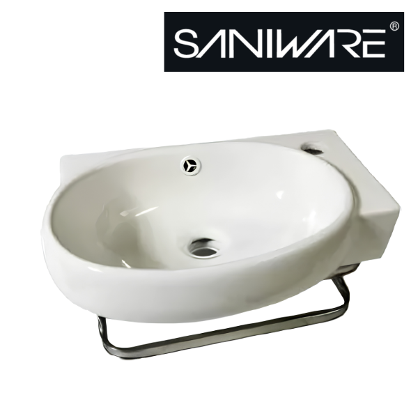 Saniware WB-293 430mm Ceramic White Wall Hung Basin with Stainless Steel Rack - Ideal for Bathroom, Toilet, Powder Room, Compact Space