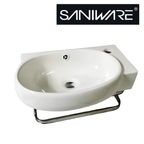 Saniware WB-293 430mm Ceramic White Wall Hung Basin with Stainless Steel Rack - Ideal for Bathroom, Toilet, Powder Room, Compact Space