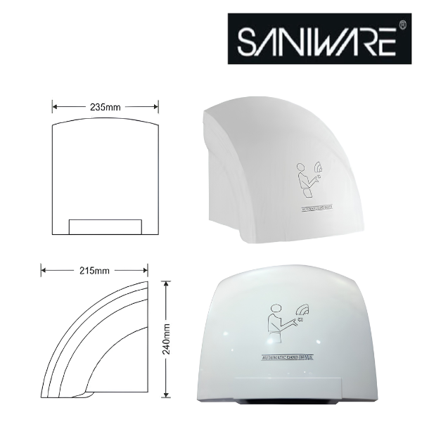 Saniware SWHD-2000 1800W Automatic Hand Dryer 220V-240V ABS White Wall Mounted Single Heat 15m/s Air Speed IPX2 for Commercial Toilet & Washroom