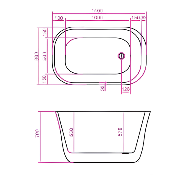 Arris Infinity ars - D8330 - 140 ARTES 1400mm White One-Piece Freestanding Rounded Rectangular Soaking Bathtub