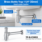 Onimi TP-B-C53012 Brass Bottle Trap 1 1/4" (32mm) Suitable For Chrome Finish Basin Trap