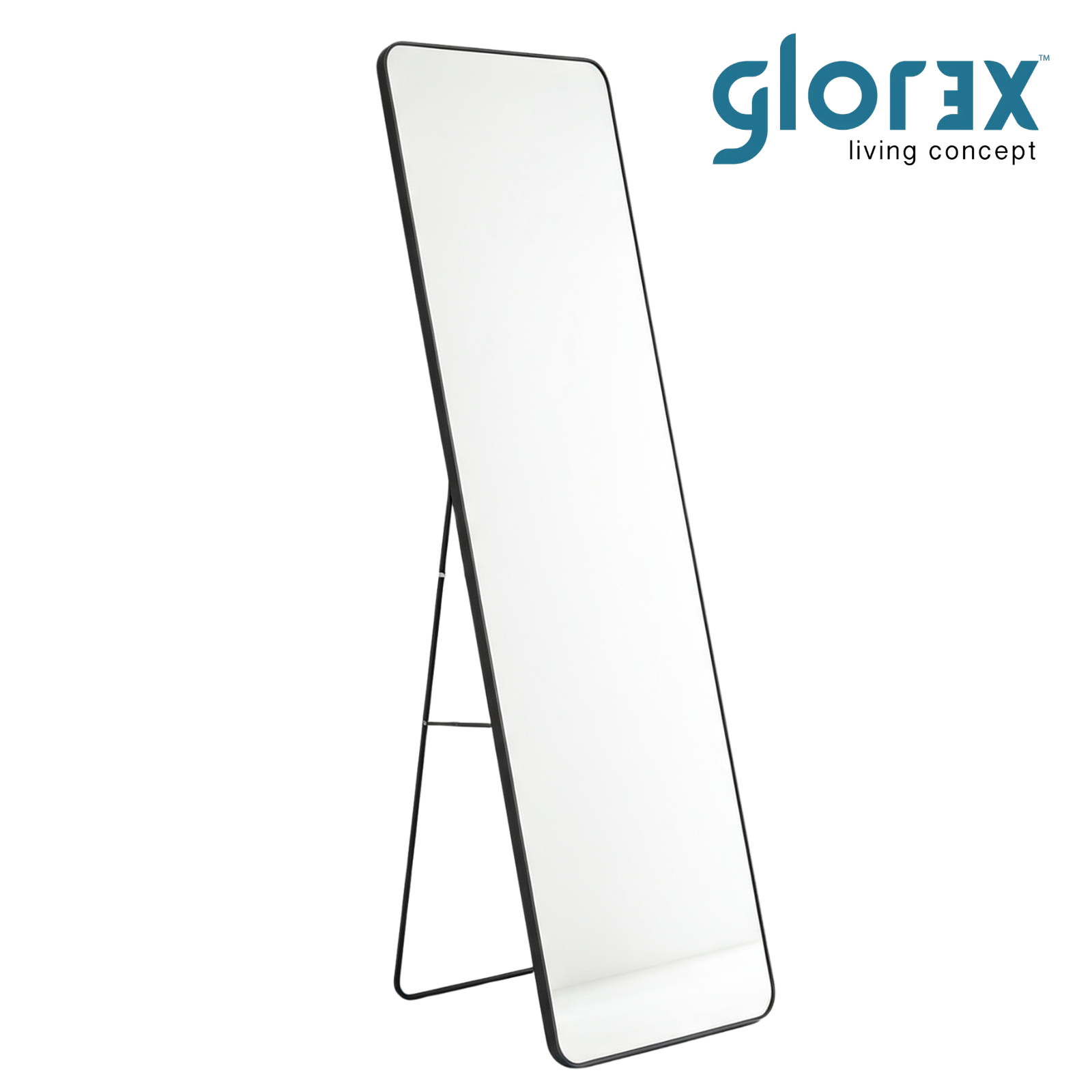Glorex GLC 5003 Floor Standing Black Rounded Rectangular Full-Length Mirror 500×1600mm 15mm Aluminium Frame Wall-Mount & Freestanding