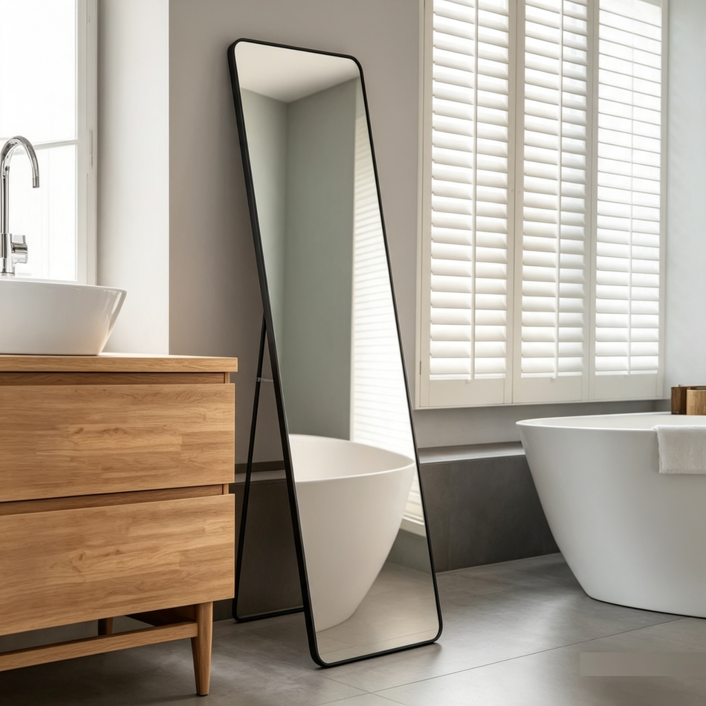 Glorex GLC 5003 Floor Standing Black Rounded Rectangular Full-Length Mirror 500×1600mm 15mm Aluminium Frame Wall-Mount & Freestanding