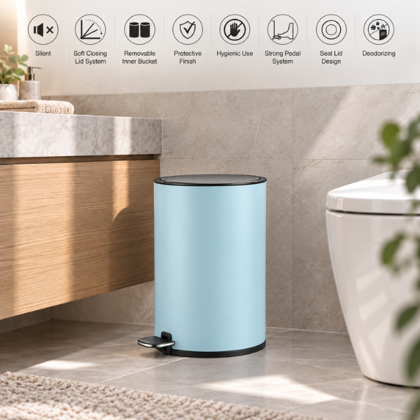 Saniware 12L Pedal Dustbin Soft Closing Lid Removable Inner Bucket Tong Sampah Bathroom Kitchen Office Bin – Black / Blue / Champagne Gold / Rose Gold / White / Stainless Steel