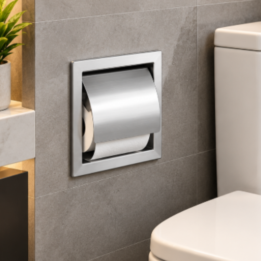Onimi A120 165 × 165 × 75mm Stainless Steel 304 Polished Chrome Anti-Splash Concealed Single Toilet Paper Roll Holder – Wall Mounted