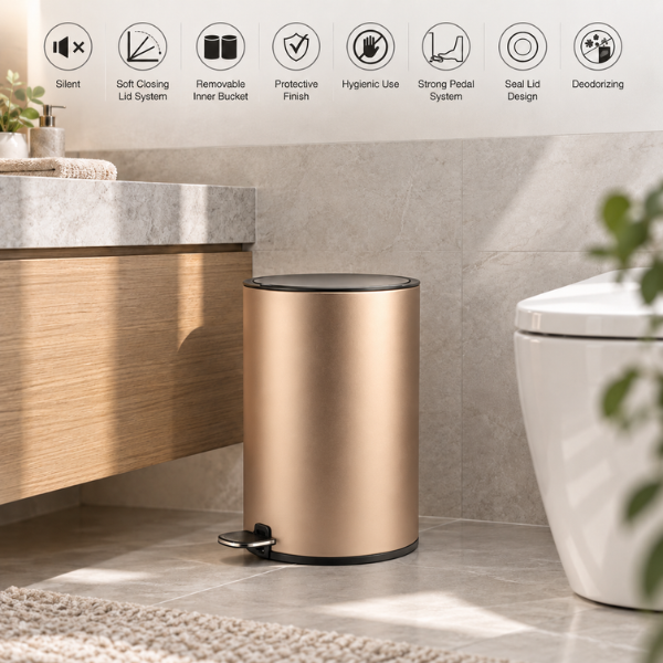 Saniware 12L Pedal Dustbin Soft Closing Lid Removable Inner Bucket Tong Sampah Bathroom Kitchen Office Bin – Black / Blue / Champagne Gold / Rose Gold / White / Stainless Steel