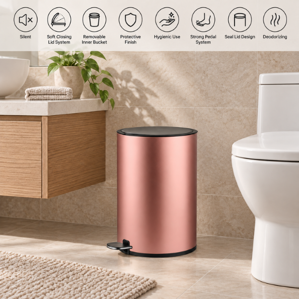 Saniware 12L Pedal Dustbin Soft Closing Lid Removable Inner Bucket Tong Sampah Bathroom Kitchen Office Bin – Black / Blue / Champagne Gold / Rose Gold / White / Stainless Steel