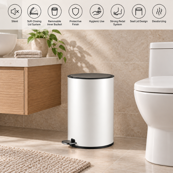 Saniware 12L Pedal Dustbin Soft Closing Lid Removable Inner Bucket Tong Sampah Bathroom Kitchen Office Bin – Black / Blue / Champagne Gold / Rose Gold / White / Stainless Steel